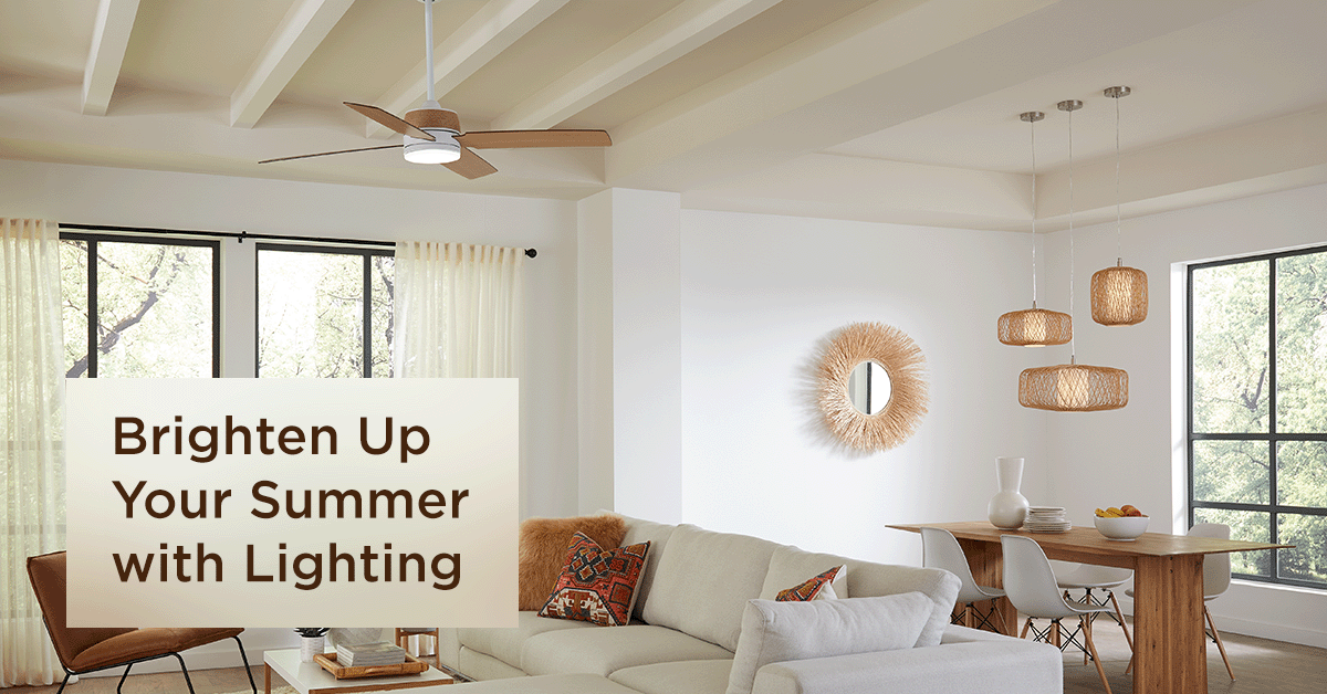 Three modern light pendants and a sleek ceiling fan from Summer 2023 Progress Lighting Collection light up a white modern living room. 